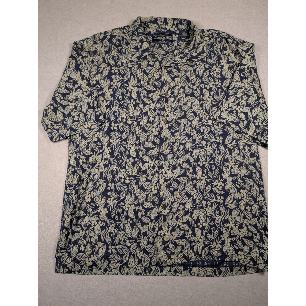 Common Man Button Down Shirt Mens XL Blue Silk Tropical Floral Camp Excellent